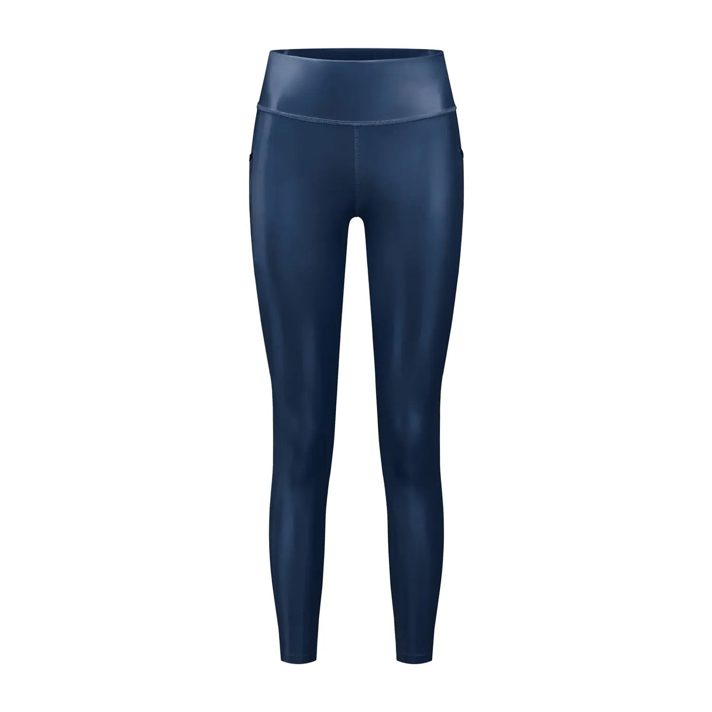 All-day wear leggings, comfortable with a high waist, made from premium shiny fabric, produced in Italy. Front image of Navy Outdoor Leggings.